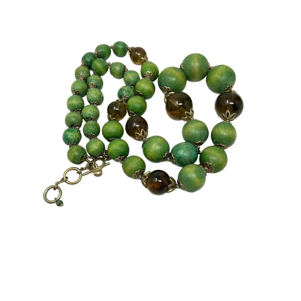 Liz Claiborne Necklace Green Wood Glass Beads Gold Tone Toggle Clasp‎